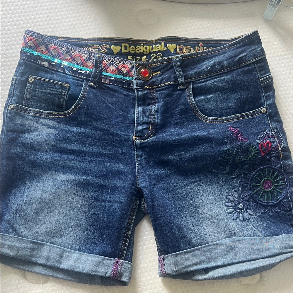 Desigual Dark Blue Denim Shorts with Colorful Embroidery